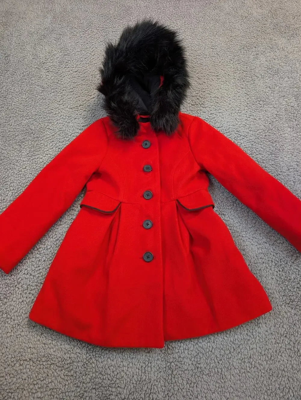 Cat & Jack Girls Size XS 4/5 Red Coat W/ Detachable Faux Fur Hood (1139)